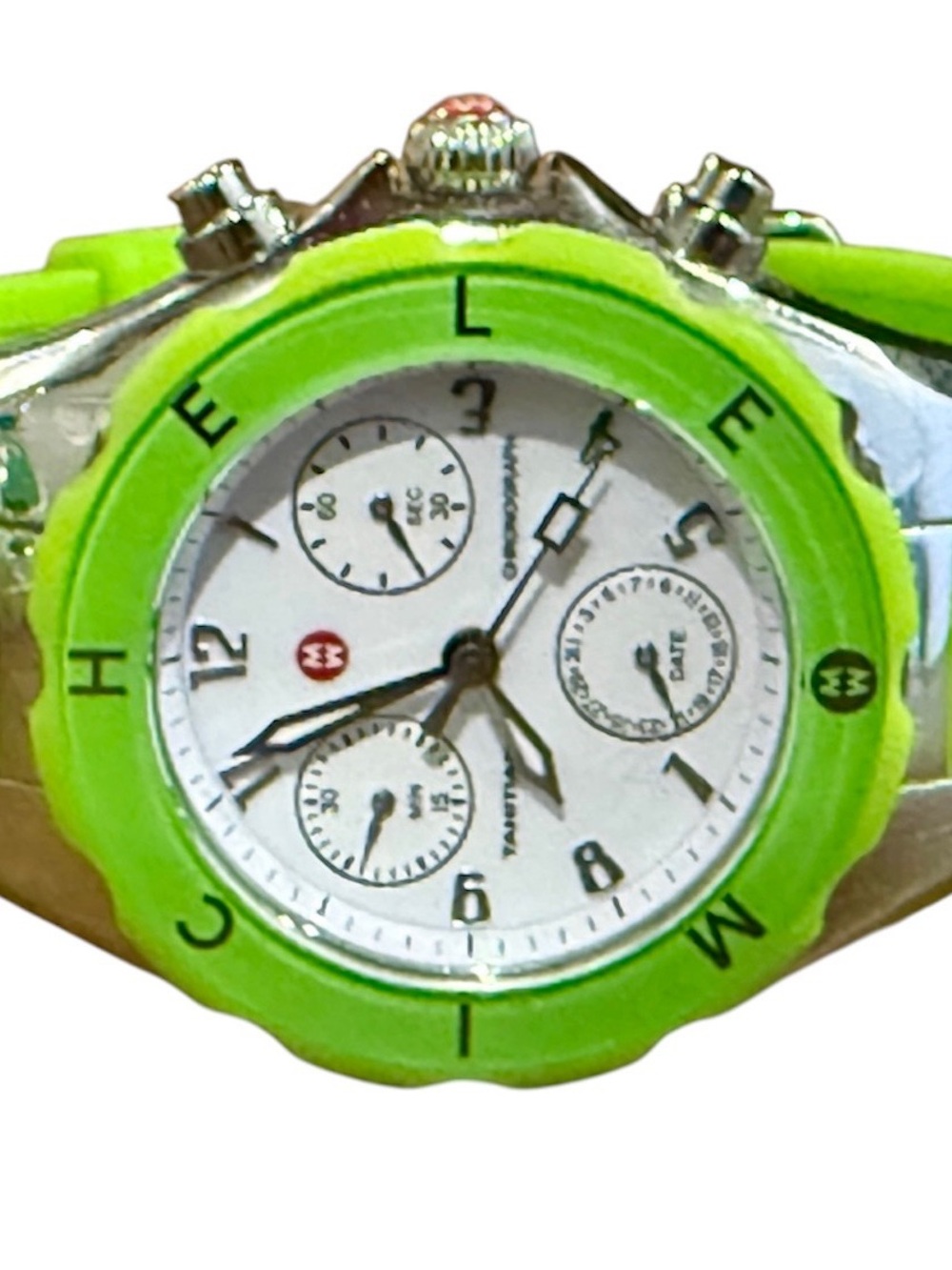 Michele NeonLime Green Jelly Bean Silicone Bezel Chronograph Watch